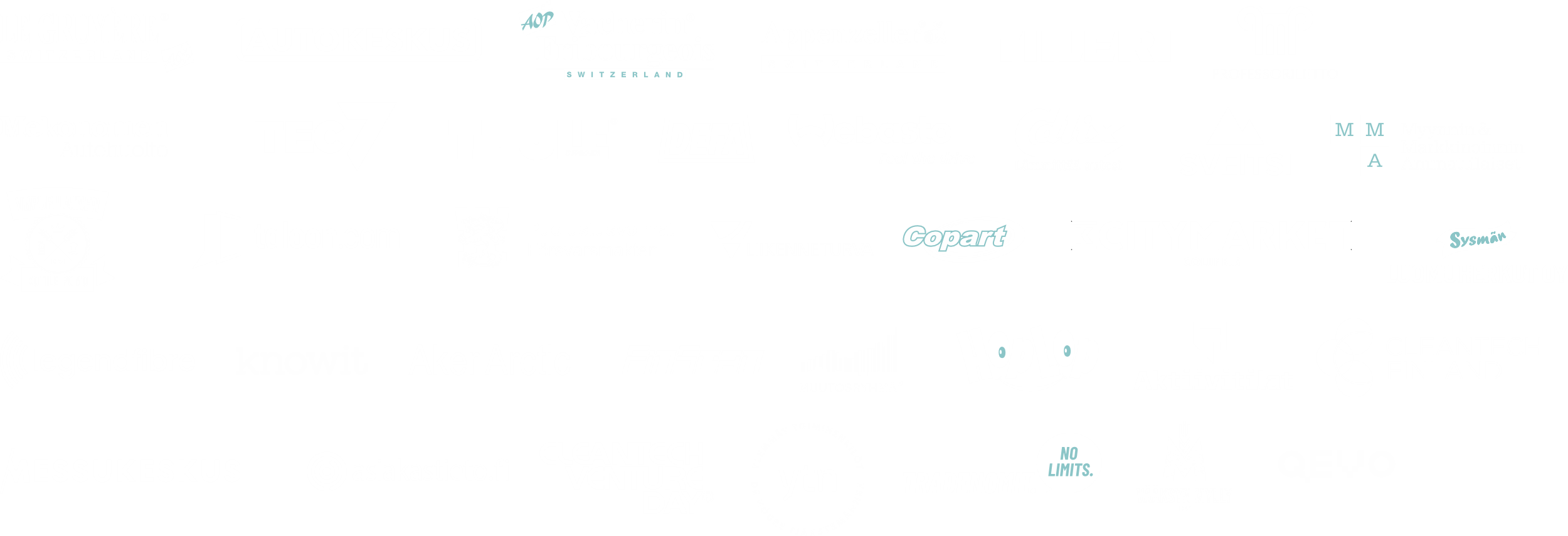 Mainostoimisto Halon yhteistyökumppaneita. Le Gruyère AOP, Autokeskus, Vacherin Fribourgeois AOP, Appenzeller AOP, Tiileri, Professoriliitto, Mekonomen Autohuolto, Tec7, Thule, DEFA, Webasto, Calix, Sveitsin Hiihtokeskus, MMA, Viipurilainen Kotileipomo, Taloon.com, Suomen Puolustusvoimat, Liikenneturva, Copart, K-Citymarket Columbus, Sysmän Luomuherkut, Legend Fibre, knowit, Aker Arctic, FinScan, Muutosryhmä, HopLop, Aktiivitilat, Cleantech Finland, Messukeskus, Asiakastieto, Cleantech Venture Day, YTN, Tradenomit, Vääksyn Mylly, Qevo